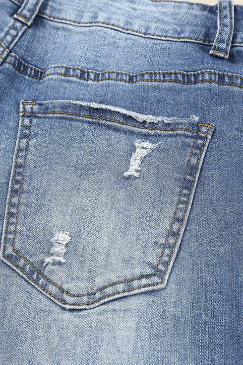 Sky Blue Cherry Blossom Pattern Splicing Mid Waist Distressed Jeans